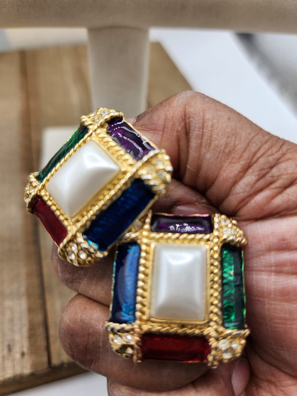 Vintage Gold-Tone Metal Multi-Color Statement Clip-On Earrings